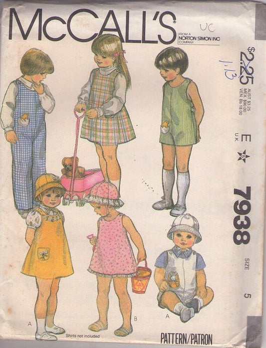 McCall's 7938 Vintage 80's Sewing Pattern Kids' Jumpsuits & More, Baby Shoulder Buttoned Sun Dress, Jumper, Dress, Romper, Sunsuit, Coveralls, Jumpsuit, Sun Brim Hat Size 5