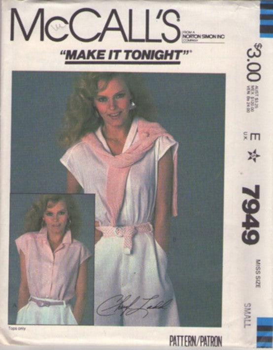 McCall's 7949 Vintage 80's Sewing Pattern Shirts Set, Buffy Preppie, Cap Sleeve Collared Summer Blouse, Top, Shirt Set 2 Styles Size S UNCUT