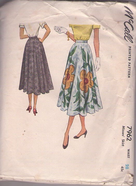 McCall's 7962 Vintage 50's Sewing Pattern Easy Skirts, Flared Below Knee Length, Circle Skirt Size 28