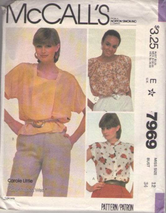 McCall's 7969 Vintage 80's Sewing Pattern Summer Blouses, Lightweight Semi Sheer Designer Carole Little for Saint Tropez West Peasant Gypsy Casual New Wave Era Blouse Set, 3 Styles Size 12