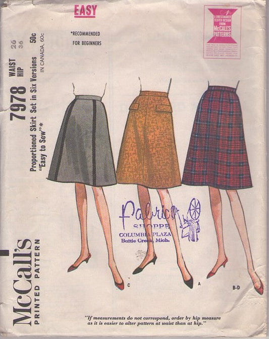 McCall's 7978 Vintage 60's Sewing Pattern Proportioned Skirts, Retro Secretary, Flared A-Line Skirt Set, Proportioned, 4 Styles Size 26