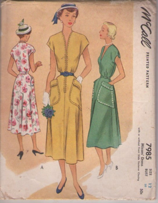 McCall's 7985 Vintage 50's Sewing Pattern New Look Dress, Modest Below Knee Length Day Dress, HUGE Pockets Size 12