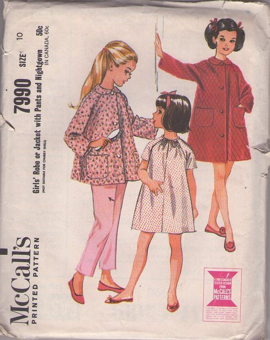 McCall's 7990 Vintage 60's Sewing Pattern Girls' Pajamas, Modest Raglan Sleeve Flared Bed Jacket, Pajamas Top, Pants, Nightgown & Robe, Bathrobe Size 10