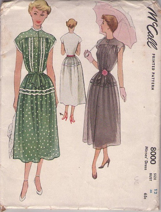 McCall's 8000 Vintage 50's Sewing Pattern Petite Dress, Shirtwaist, Cap Sleeve, New Look Lucy Day Dress, Tuck Trim Detail Size 12