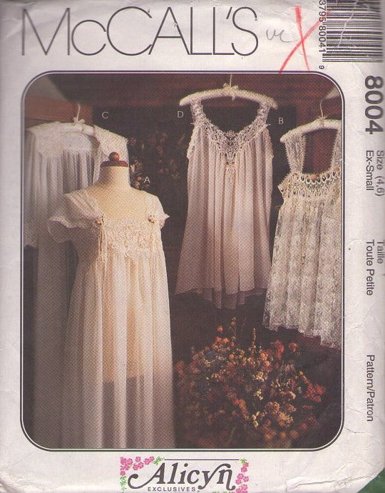 McCall's 8004 Vintage 90's Sewing Pattern Lingerie Set, Alicyn Exclusives Sheer Lace Babydoll Nightie, Wedding Bridal Nightgown & Peignoir Robe Set Size XS