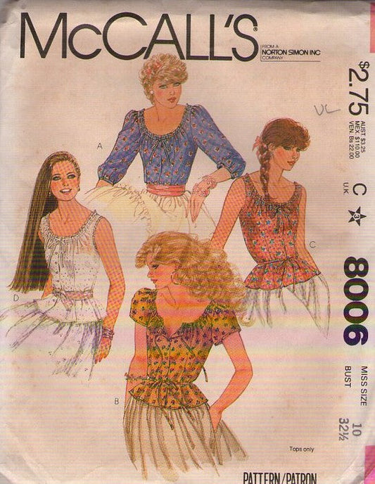 McCall's 8006 Vintage 80's Sewing Pattern Summer Blouse, Cottagecore Shirt, Scoop Neck Prairie Top, 4 Styles Size 10