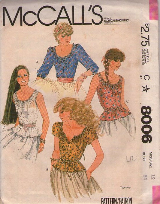 McCall's 8006 Vintage 80's Sewing Pattern Summer Blouse, Cottagecore Shirt, Scoop Neck Prairie Top, 4 Styles Size 12