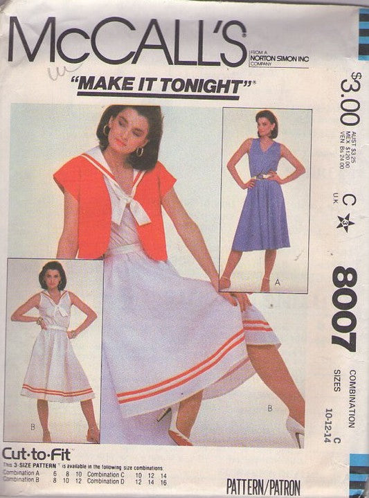 McCall's 8007 Vintage 80's Sewing Pattern Sailor Dress, Jacket, Make It Tonight Nautical Sun Dress & Cropped Cover Up Size 10-14