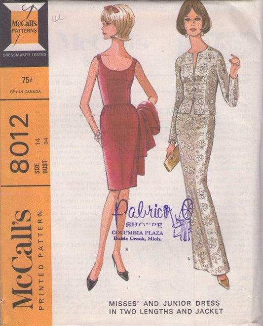 McCall's 8012 Vintage 60's Sewing Pattern Evening Gowns, Audrey Hepburn Red Carpet Scoop Neck Cocktail Party Dress, Slinky Evening Floor Length Gown, Matching Jacket Size 14