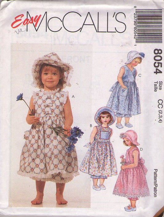 McCall's 8054 Retro 90's Sewing Pattern Girls' Modest Dress, Cottagecore Farmcore Summer Prairie Pantaloons, Bloomers Shorts & Hat Size 2-4