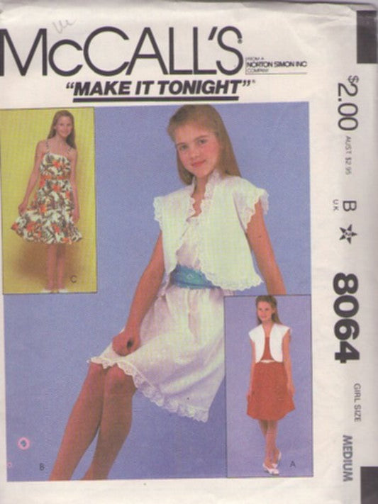 McCall's 8064 Vintage 80's Sewing Pattern Teen Dress, Jacket Set, Dream Make it Tonight First Dance Eyelet Sundress, Hawaiian Cruise Dress, Shaped Front Jacket Cover Up Size M