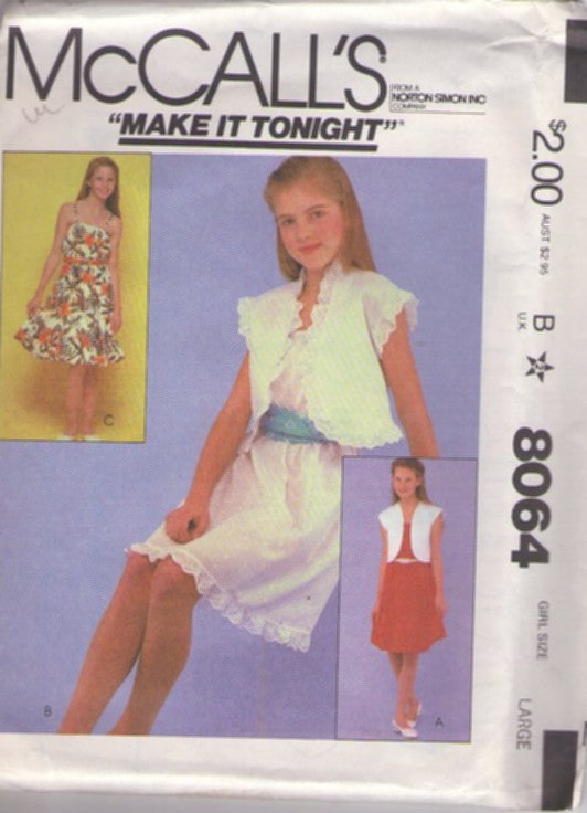 McCall's 8064 Vintage 80's Sewing Pattern Teen Dress, Jacket Set, Dream Make it Tonight First Dance Eyelet Sundress, Hawaiian Cruise Dress, Shaped Front Jacket Cover Up Size L