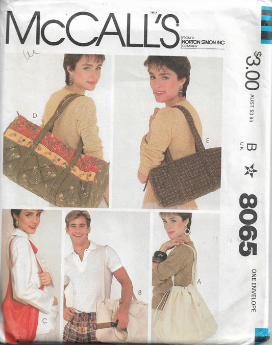McCall's 8065 Vintage 80's Sewing Pattern Summer Bags, Retro Tote, Duffle, Shoulder or Diaper Bag, Handled Purse