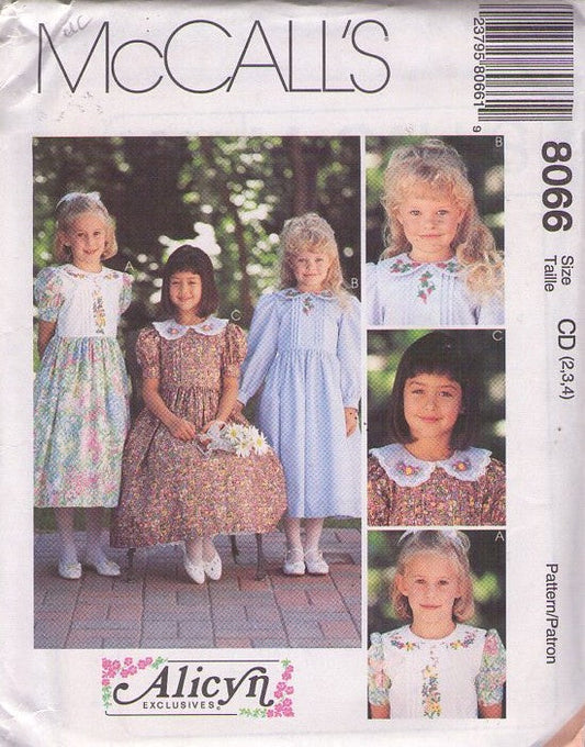 McCall's 8066 Retro 90's Sewing Pattern Girls' Fancy Dress, Alicyn Exclusives, Fancy Formal, Modest Cottagecore Party Dress Set, 3 Styles Size 2-4