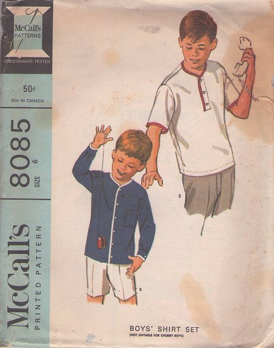 McCall's 8085 Vintage 60's Sewing Pattern Boys' Shirts, Baseball Style Button Band Polo Pullover Shirt, Cardigan Jacket Size 6