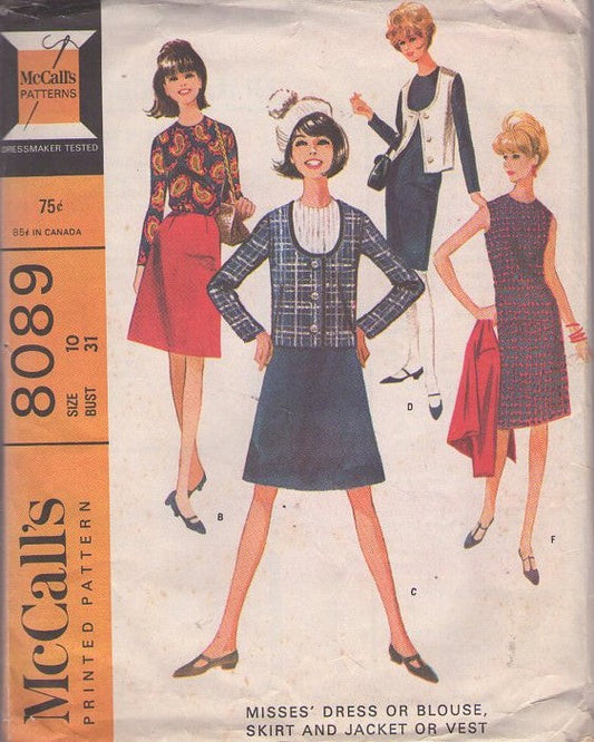 McCall's 8089 Vintage 60's Sewing Pattern Mod Office Separates, Petite Secretary Jacket, Dress, A-Line Skirt, Scoop Neck Vest & Blouse Size 10