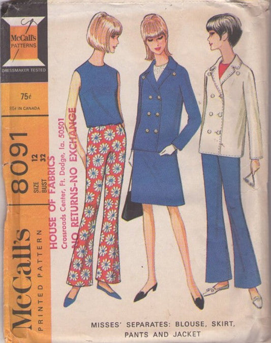 McCall's 8091 Vintage 60's Sewing Pattern Nautical Separates, Mod Double Breasted Pea Coat, Suit Jacket, Top & Sailor Style Bell Bottom Pants Size 12