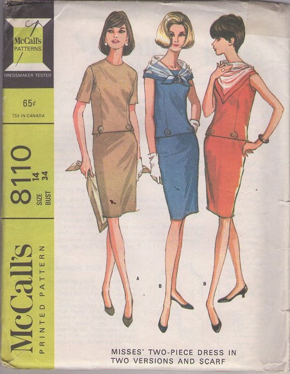 McCall's 8110 Vintage 60's Sewing Pattern Mod Separates, Mad Men Secretary 2 Piece Day Dress, Princess Seams Blouse Top, Slim Sheath Skirt & Scarf Size 14