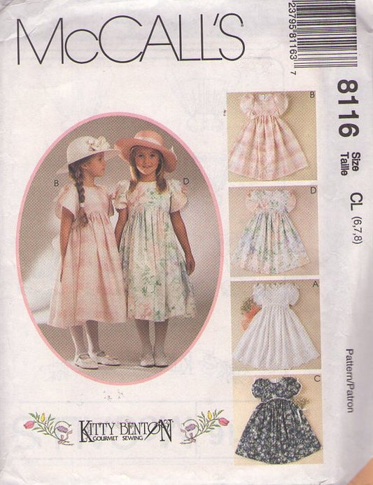 McCall's 8116 Vintage 90's Sewing Pattern Girl's Modest Party Dress, Kitty Benton Gourmet Sewing, Cottagecore Formal, 4 Styles Size 2-4