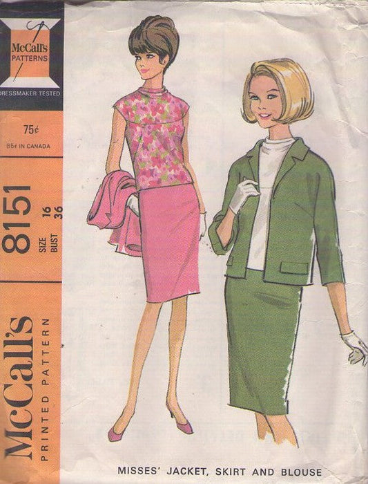 McCall's 8151 Vintage 60's Sewing Pattern Mod Suit Separates, Tippi Hedren, The Birds Costume, Yoked Cap Sleeve Draped Collar Blouse, Open Front Jacket, Slim Sheath Skirt Size 16