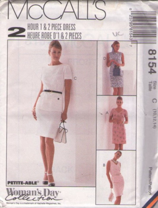 McCall's 8154 Retro 90's Sewing Pattern Career Separates, Woman's Day Collection Easy 2 Hour 1 or 2 Piece Secretary Dress, Blouse & Sheath Skirt, Slim Dress Size 10-14