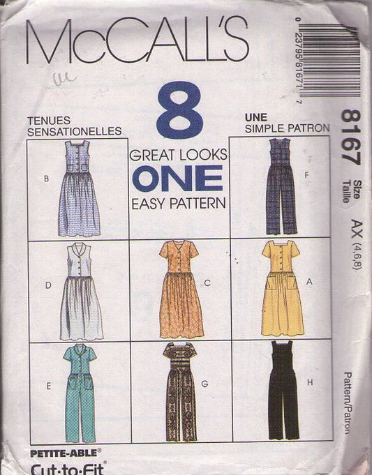 McCall's 8167 Retro 90's Sewing Pattern Modest Dress Set, 8 Great Looks, School Teacher Cottagecore, Farmcore Coveralls Jumpsuit, Jumper, Dress Size 4-8