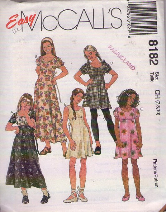 McCall's 8182 Vintage 90's Sewing Pattern Girls' Tie Back Dresses, Cottagecore, Prairie Mini or Midi Styles Size 7-10