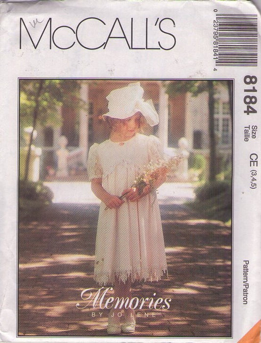 McCall's 8184 Vintage 90's Sewing Pattern Girl's Modest Dress, Memories by Jo Lene, Victorian Cottagecore Style, Size 3-5