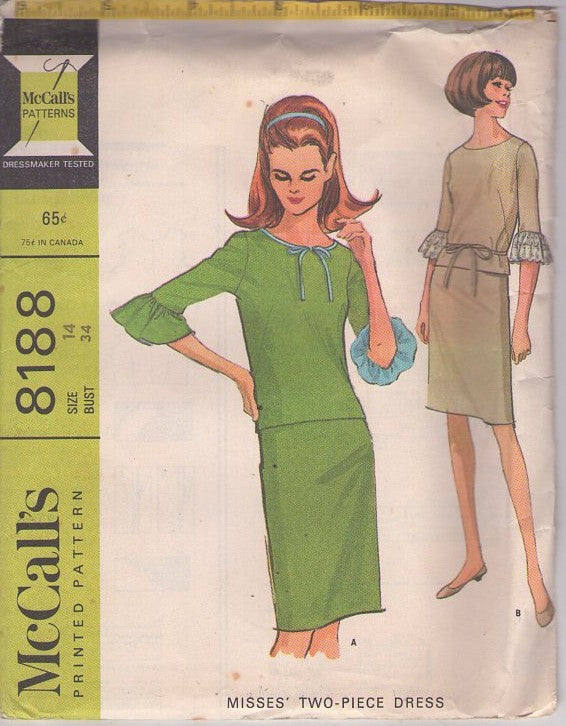 McCall's 8188 Vintage 60's Sewing Pattern Mod Separates, Dress Set, Contrast Sleeve Flounce Top, Blouse, Sheath Skirt, 2 Piece Size 14