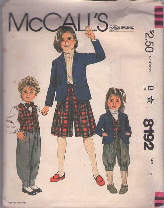 McCall's 8192 Vintage 80's Sewing Pattern Girls' Separates, School Uniform, Suit Jacket, Vest Top, Knickers, Split Skirt Culottes and Buttoned Ankle Pants Size 5