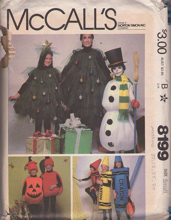 McCall's 8199 Vintage 80's Sewing Pattern Seasonal Costumes, Crazy Kids' Christmas Holiday Play Tulle Christmas Tree, Snowman, Halloween Pumpkin, Crayola Crayon Costumes Size 2-4