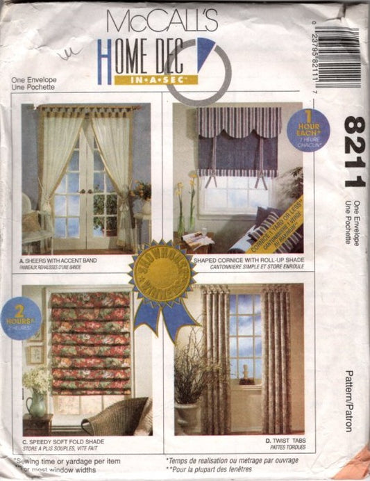 McCall's 8211 Vintage 90's Sewing Pattern Home Dec In A Sec, Easy 2 Hour Curtains, Shade Blinds, Valence Set OZ