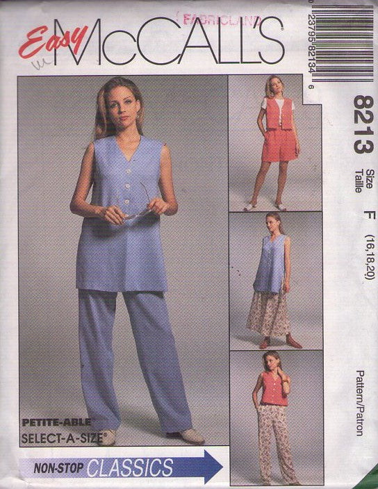 McCall's 8213 Retro 90's Sewing Pattern Secretary Separates, Non Stop Classics, Easy Oversized Vest Top, Jacket Blouse, Shorts, Skirt, Slacks Size 16-20