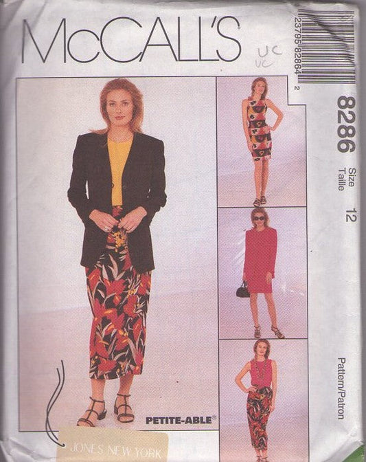McCall's 8286 Retro 90's Sewing Pattern Designer Separates, Jones New York, Mock Wrap Slim Short or Midi Skirt, Blazer Suit Jacket, Dress, Top Size 12