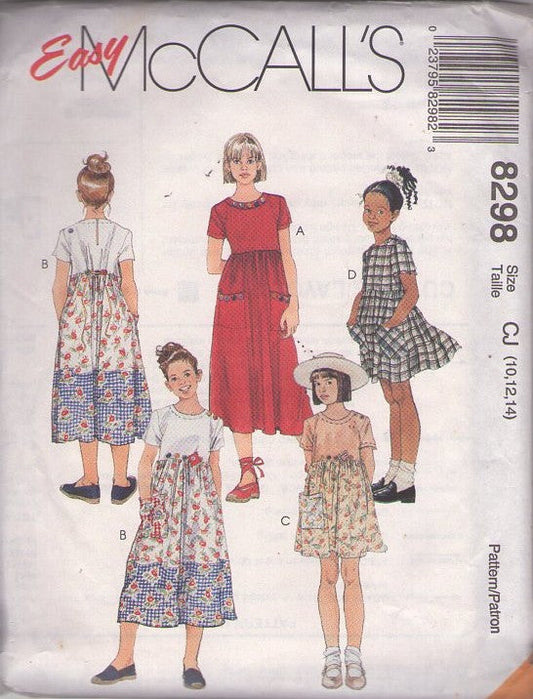 McCall's 8298 Retro 90's Sewing Pattern Teen Girls' Dress, Easy, Modest Cottagecore, Loose Fit Dress, 4 Styles Size 10-14