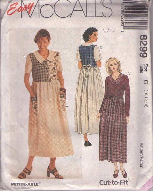McCall's 8299 Vintage 90's Sewing Pattern Teacher Dresses, Cottagecore Farmcore Easy to Sew School Teacher Loose Fitting Shirtwaist Flared Dress, Pockets, 2 Styles Size 10-14