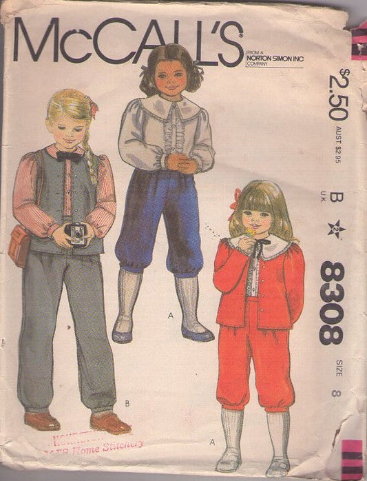 McCall's 8308 Vintage 80's Sewing Pattern Kids' Holiday Suit, Little Lad Berries & Cream Girl's & Boys' Frilly Ruffled Collar Blouse, Shirt, Knickers, Knee Pants, Trousers Size 8