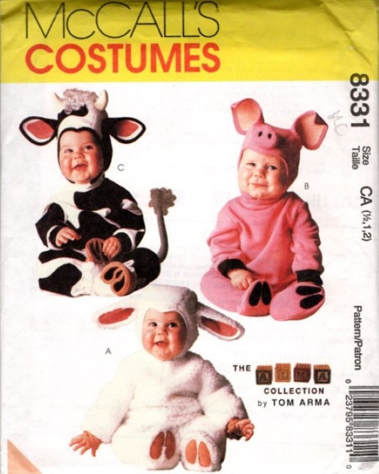 McCall's 8331 Retro 90's Sewing Pattern Tom Arma Baby Animal Costumes, Farm Cow, Pig, Piglet, Sheep, Lamb Size 1/2-2