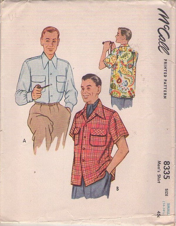 McCall's 8335 Vintage 50's Sewing Pattern Men's Shirt, Casual or Dress, Pointed Collar, Flap Pockets, Cabana Styles Size S