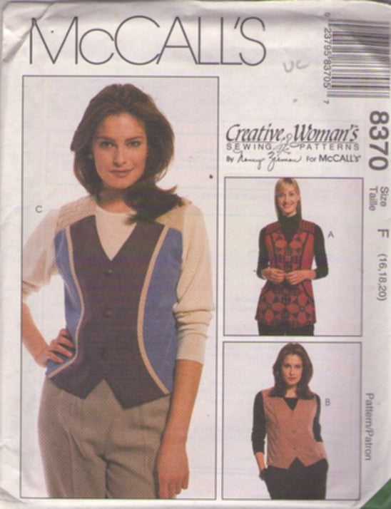 McCall's 8370 Retro 90's Sewing Pattern Wearable Art Vests, Nancy Zieman Creative Woman's Decorative Vest Jacket, 3 Styles Size 16-20