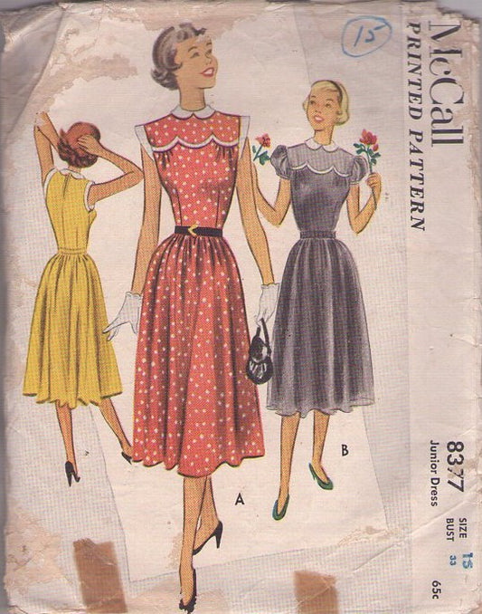McCall's 8377 Vintage 50's Sewing Pattern Afternoon Dress, Scallop Yoke, 2 Styles Juniors Size 15