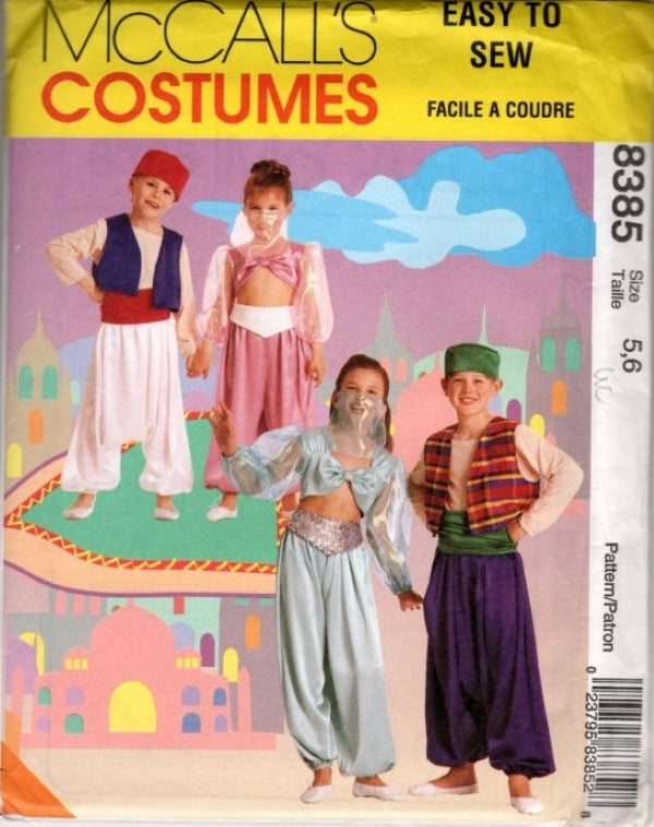 McCall's 8385 Retro 90's Sewing Pattern Kids' Arabian Costume Set, Aladdin, Jasmine, Drop Crotch MC Hammer Pants, Gypsy, Belly Dancer Size 5-6