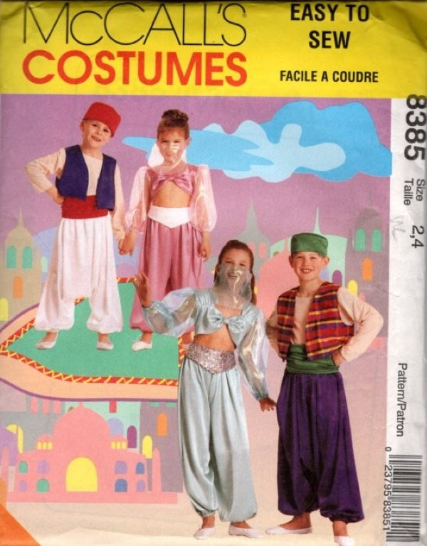 McCall's 8385 Retro 90's Sewing Pattern Kids' Arabian Costume Set, Aladdin, Jasmine, Drop Crotch MC Hammer Pants, Gypsy, Belly Dancer Size 2-4