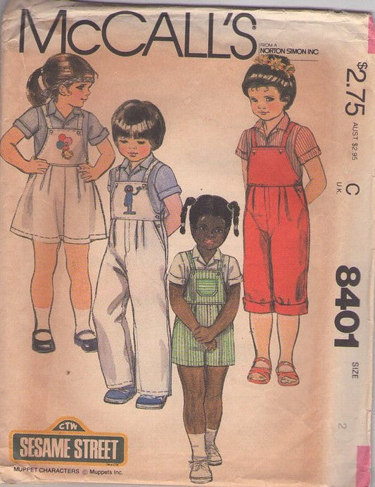 McCall's 8401 Vintage 80's Sewing Pattern Kids' Separates, Come And Play Children's Television Workshop Sesame Street Kids Bib Overalls, Jumper, Romper, Capri Pants Size 2