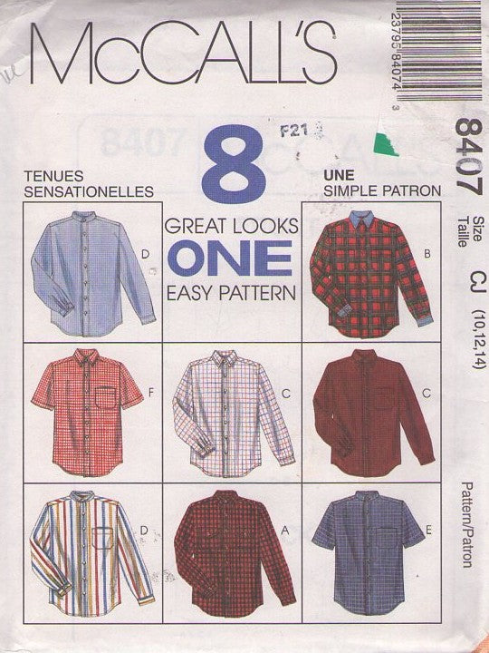 McCall's 8407 Retro 90's Sewing Pattern Boys' and Girls' Button Up Shirt, 8 Great Looks, Easy School Shirts Size 12-16