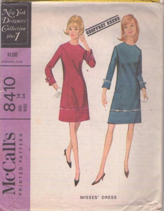 McCall's 8410 Vintage 60's Sewing Pattern Mod Designer Dress, New York Designers' Collection Plus 1, Geoffrey Beene, Band Trim Size 14