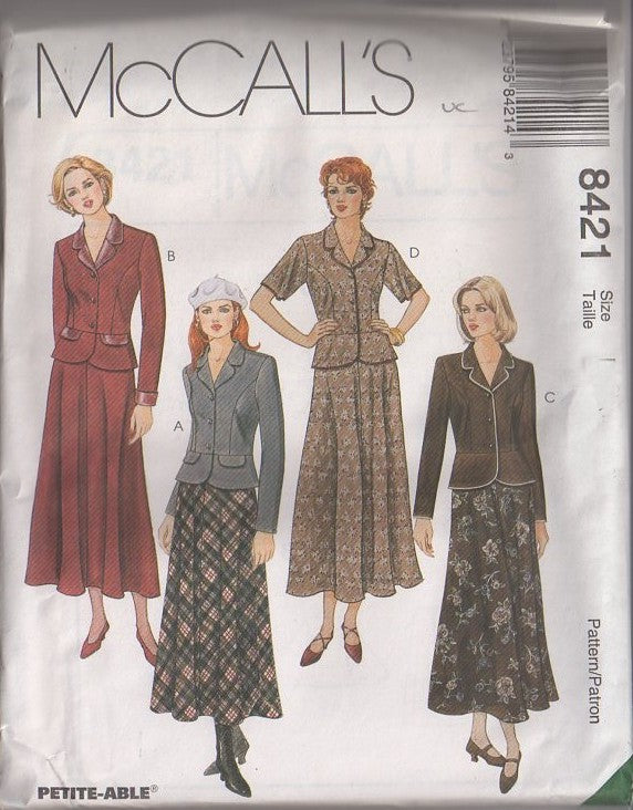 McCall's 8421 Retro 90's Sewing Pattern Modest Suit Dress, Princess Seams Jacket Top, Flared Midi Skirt Size 10-14