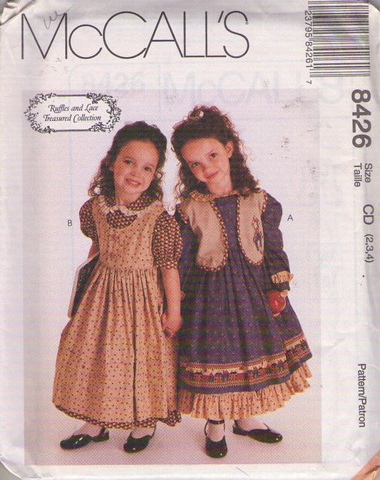 McCall's 8426 Retro 90's Sewing Pattern Girls' Separates, Ruffles & Lace Treasured Collection, Modest Cottagecore Prairie Dress, Pinafore Jumper, Vest Jacket Size 2-4