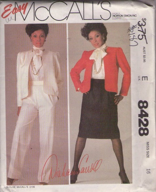 McCall's 8428 Vintage 80's Sewing Pattern Power Suit Separates, Diahann Carroll, Dynasty, Jacket, Tie Collar Secretary Blouse, A-Line Skirt, Trousers Size 16