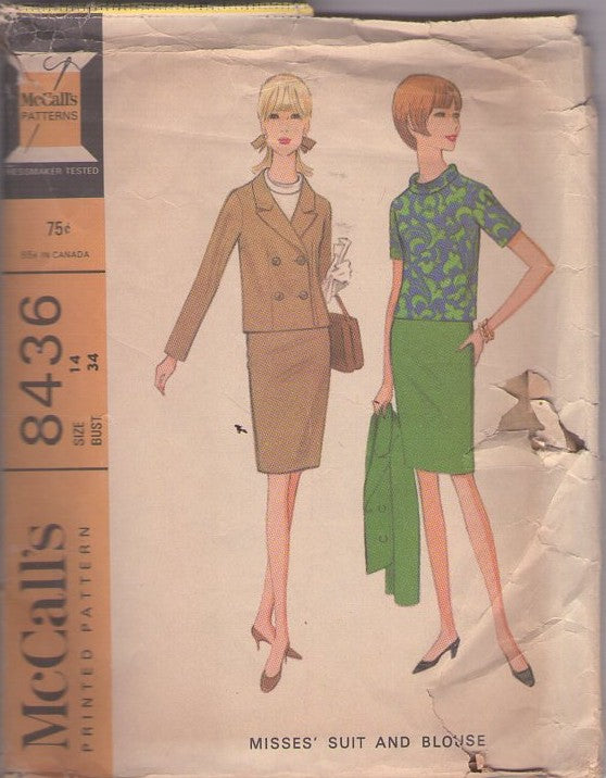 McCall's 8436 Vintage 60's Sewing Pattern Mod Suit Separates, 3 Piece Suit Dress, Double Breasted Jacket, Pencil Slim Skirt, Blouse Size 14
